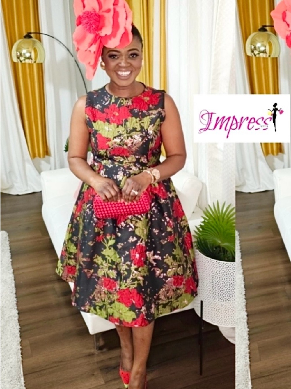 imPRESS Black Floral Fit-and-Flare Midi Dress with Red Accents